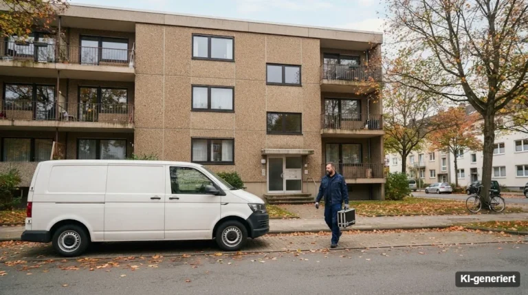 Mehrfamilienhaus aus den 1970er-Jahren, davor ein Heizungsmonteur mit Werkzeugkoffer