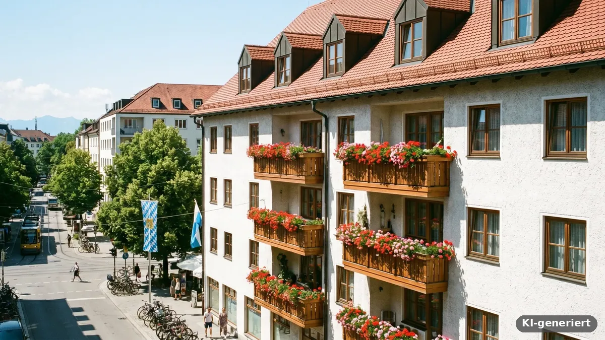 Mehrfamilienhaus mit Holzbalkonen und Blumenkästen an einer belebten Stadtstraße