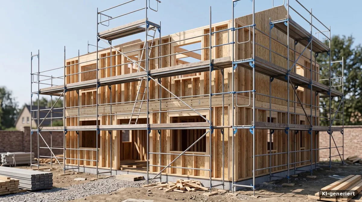 Rohbau mit Gerüst auf einer Baustelle