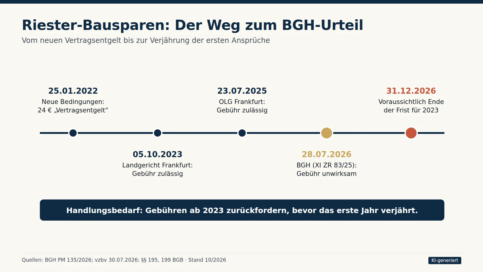 Zeitstrahl zum Riester-Bausparvertrag: neue Bedingungen 2022, Landgericht Frankfurt 2023, OLG Frankfurt 2025, BGH-Urteil XI ZR 83/25 vom 28.07.2026 und voraussichtliche Verjährung für 2023 zum 31.12.2026