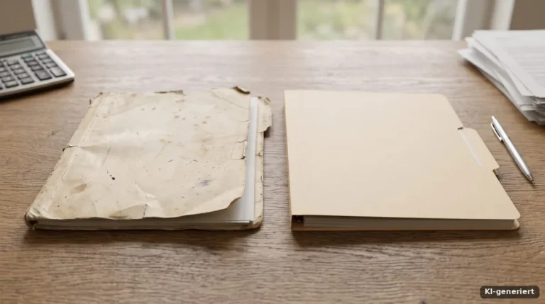 Aktenmappen und Taschenrechner auf einem Schreibtisch