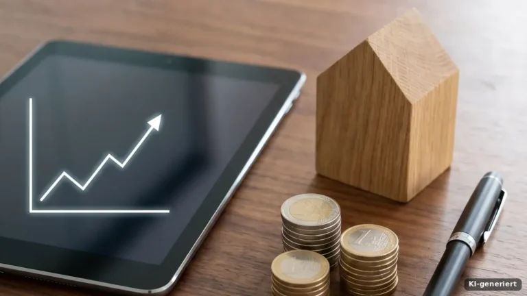 Tablet mit Zinskurve neben Hausmodell und Münzen